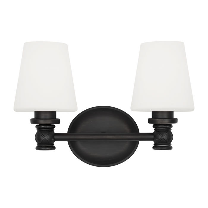 Generation Lighting Xavierre Transitional 2-Light Wall Bath Fixture In Aged Iron Finish With Opal Etched Cased Glass Shades (VS22102AI)