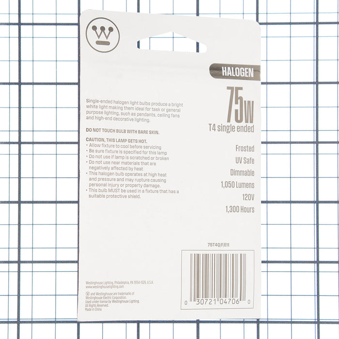 Westinghouse 75W T4 Halogen Single-Ended Frost E11 Miniature Candelabra Base 120V (#0470600)
