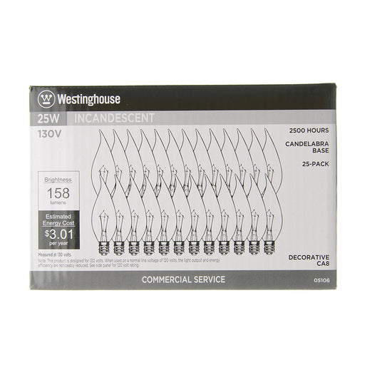 Westinghouse 25W CA8 Flame Tip Incandescent Clear E12 Candelabra Base 130V 25-Pack (#0510600)