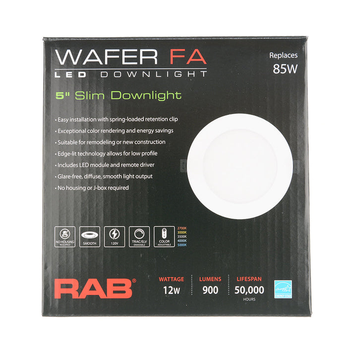 RAB Wafer Field Adjustable 5 Inch Round Plastic White 12W 900Lm 120V 5 CCT 90 CRI Triac Dimming (WFRL5R129CCT120WS)