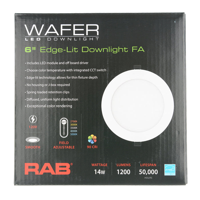 RAB Wafer Field Adjustable HO 6 Inch Round Plastic White 14W 1200Lm 120V 5 CCT 90 CRI Triac Dimming (WFRL6R149FA120WS)
