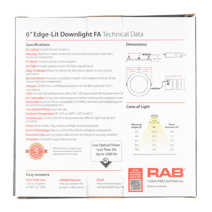 RAB Wafer Field Adjustable HO 6 Inch Round Plastic White 14W 1200Lm 120V 5 CCT 90 CRI Triac Dimming (WFRL6R149FA120WS)