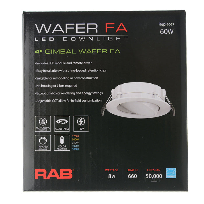RAB Gimbal Wafer Field Adjustable 4 Inch Round Smooth 9W 650Lm 90 CRI 5 CCT 120V Triac Dimming (WFRLA4R89FA120WS)
