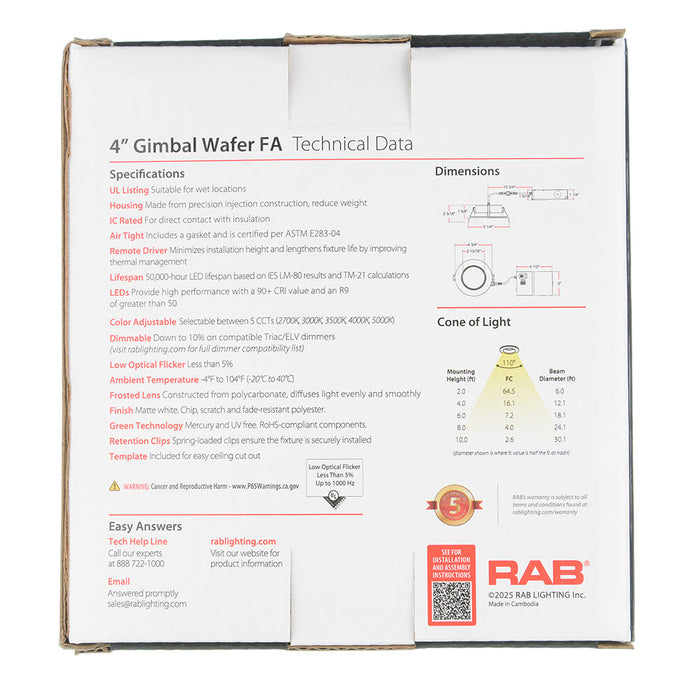 RAB Gimbal Wafer Field Adjustable 4 Inch Round Smooth 9W 650Lm 90 CRI 5 CCT 120V Triac Dimming (WFRLA4R89FA120WS)