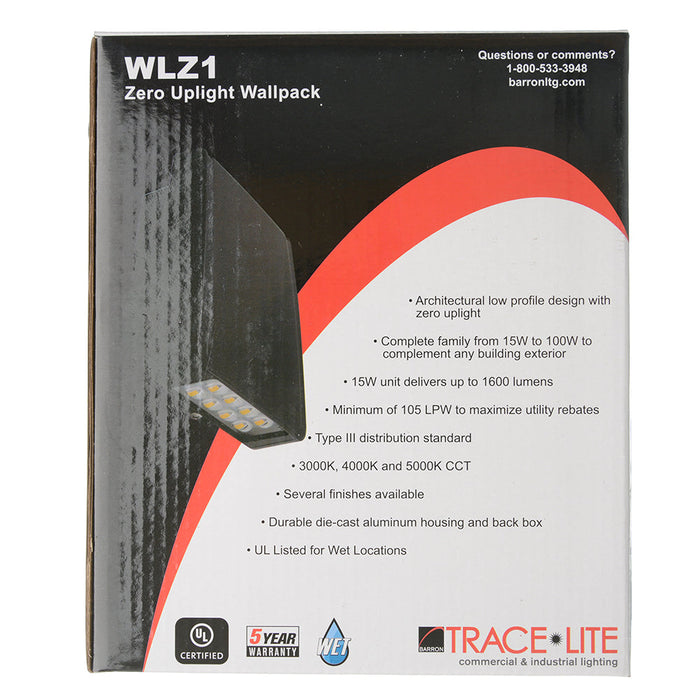 Trace-Lite Extra Small Die-Cast Aluminum LED Wall Pack 15W 120-277Vac Voltage Sensing Dimming Driver Type III 3000K Bronze Finish (WLZ1-3-3K-BR)