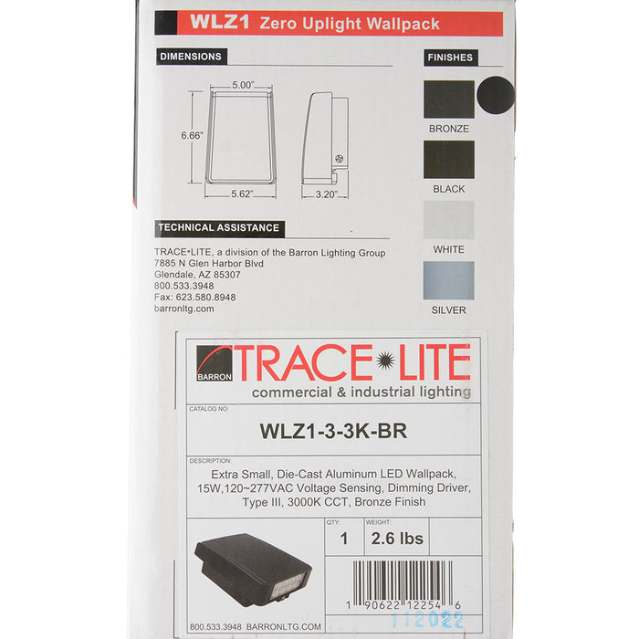 Trace-Lite Extra Small Die-Cast Aluminum LED Wall Pack 15W 120-277Vac Voltage Sensing Dimming Driver Type III 3000K Bronze Finish (WLZ1-3-3K-BR)