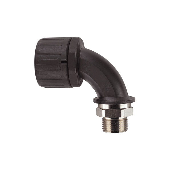 HellermannTyton Helaguard Non-Metallic IP66 Fitting 90-Elbow Brass Swivel External Metric Thread 0.50 Inch 20Mm Diameter NPB PA66 Black 10 Per Package (166-90035)