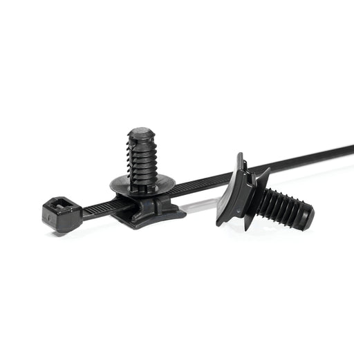 HellermannTyton 2-Piece Cable Tie/Fir Tree Mount 15 Inch L 0.35 Inch (9Mm) Hole 120 Pound PA66HS/PA66HIRHSUV Black 500 Per Package (156-01520)