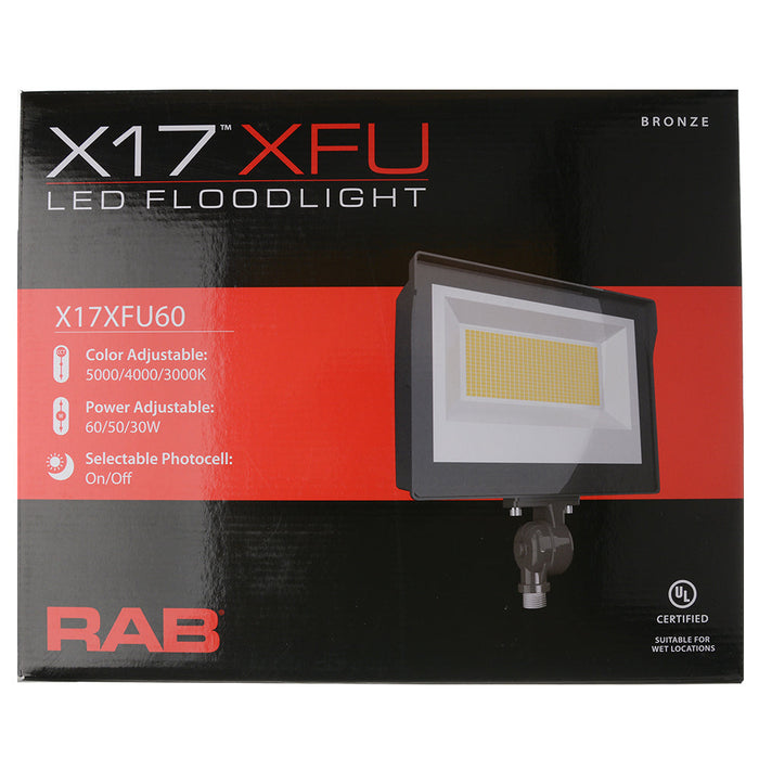 RAB LED Flood X17 Field Adjustable 60W-50W-30W 3000K/4000K/5000K Knuckle Mount Photocell Bronze (X17XFU60)