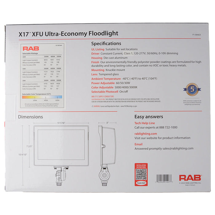 RAB LED Flood X17 Field Adjustable 60W-50W-30W 3000K/4000K/5000K Knuckle Mount Photocell Bronze (X17XFU60)