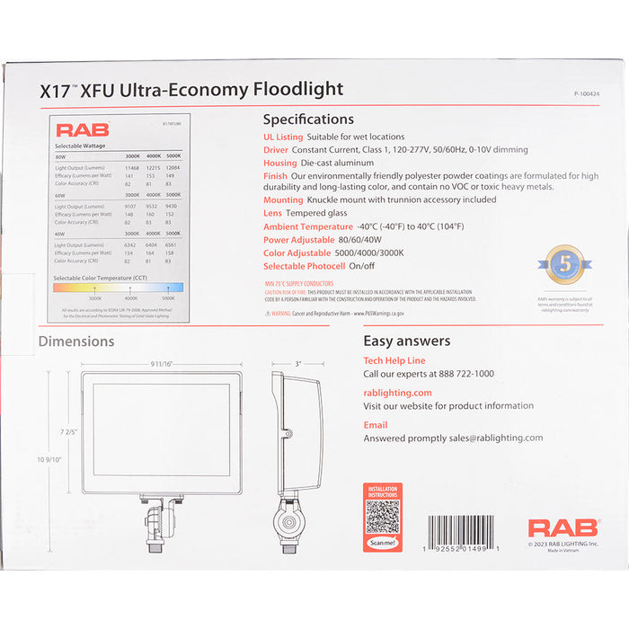 RAB LED Flood X17 Field Adjustable 80W-60W-40W 3000K/4000K/5000K With Knuckle Mount Photocell White (X17XFU80W)