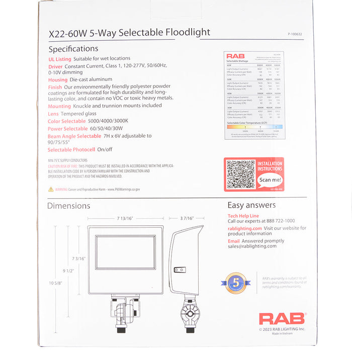 RAB X22 LED Flood Field Adjustable 60W/50W/40W/30W 3000K/4000K/5000K 7H6V Knuckle Mount With Trunnion Kit Photocell White (X22-60W)