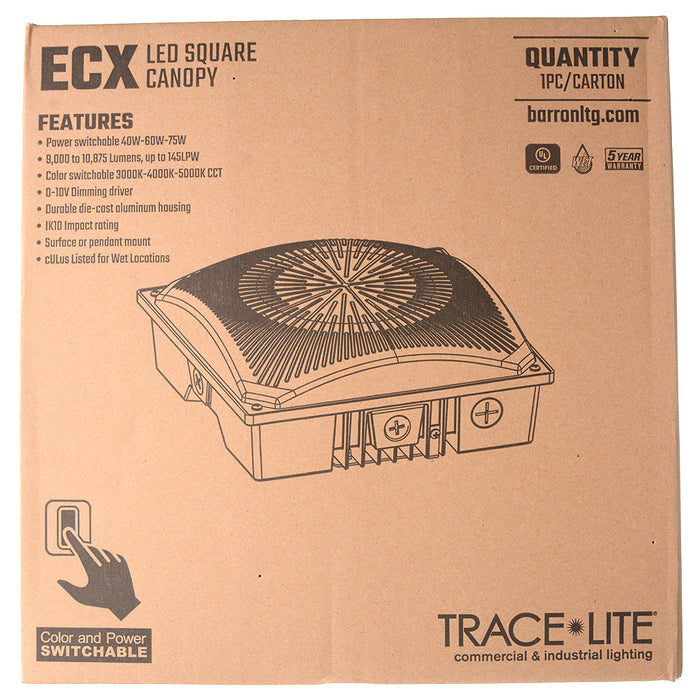 Trace-Lite Slim Die-Cast LED Canopy Wattage/CCT Selectable 40W-60W-75W 3000K-4000K-5000K 80 CRI 120-277Vac Dimming Driver Bronze Finish (ECX-75-CP-BR)