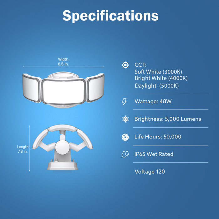 Feit Electric 10.5 Inch 48W CCT Selectable 3000K/4000K/5000K White LED Triple Head Flood Light (S10.5TFL/3CCT/DD/WH)