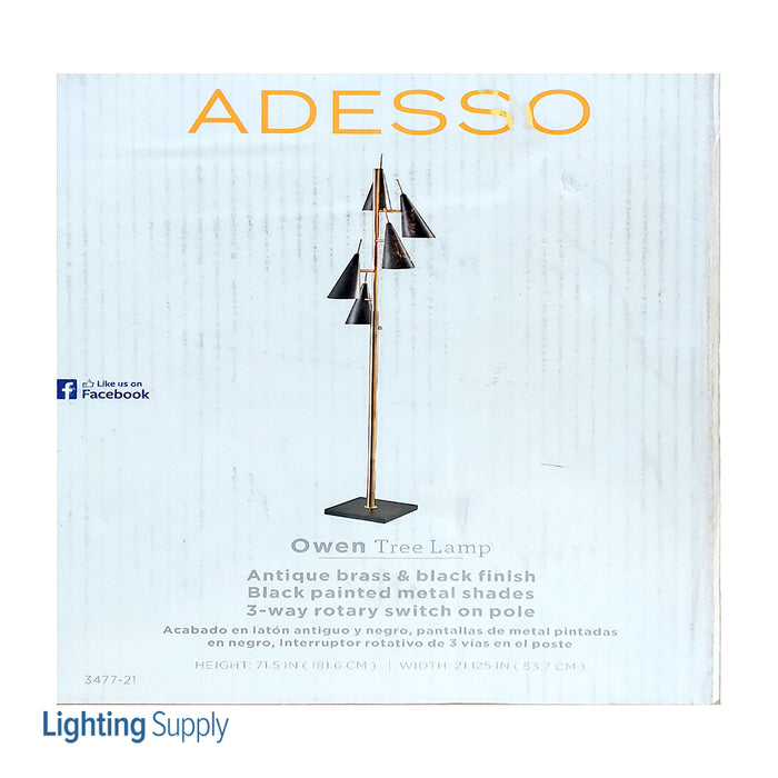 Adesso Antique Brass And Black Owen Tree Lamp-Black Painted Metal Cone Shade And 62.992 Inch Black Cord And 3-Way Rotary Switch On Pole (3477-21)