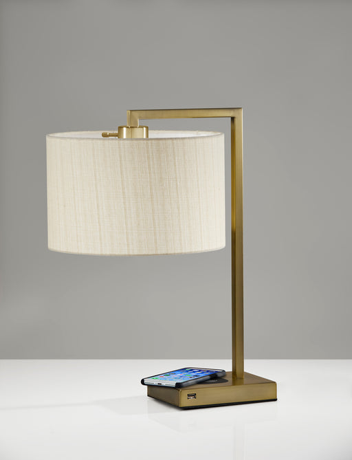 Adesso Antique Brass Austin Adesso Charge Table Lamp-Natural Textured Fabric Drum Shade-60 Inch Clear Cord-On/Off Rotary Socket Switch (4123-21)