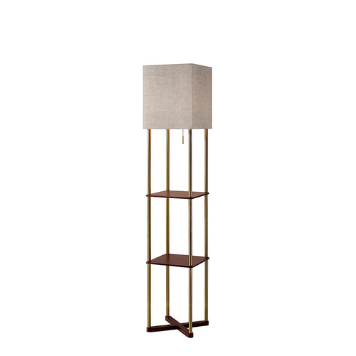 Adesso Antique Brass And MDF-Walnut Wood Veneer Harrison Shelf Floor Lamp-Textured Natural Fabric Square Shade-63 Inch Clear Cord-On/Off Pull Chain Switch (3183-21)