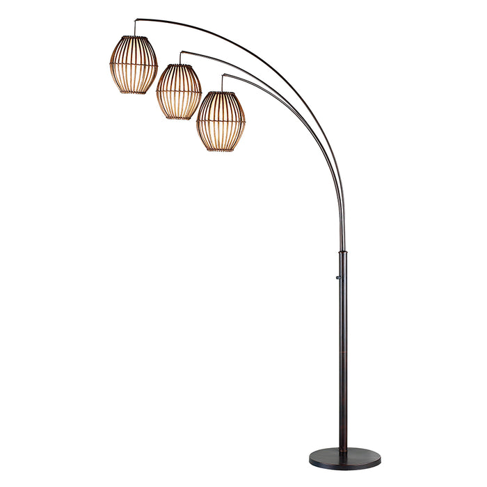 Adesso Antique Bronze Maui Arc Lamp-Brown Cane Stick Shades Lined-Fabric-Like White Rice Paper Shade-60 Inch Black Cord-On/Off Rotary Switch (4026-26)