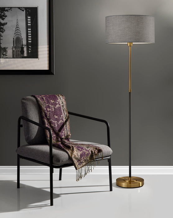Adesso Black And Antique Brass Bergen Floor Lamp-Gray Textured Fabric Drum Shade And 60 Inch Clear Cord And 3-Way Rotary Switch On Socket (4207-21)