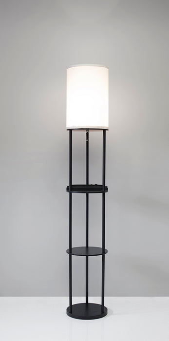 Adesso Black Charging Station Shelf Floor Lamp-White Linen Tall Drum Shade And 76 Inch Black Cord And On/Off Pull Chain Switch (3116-01)