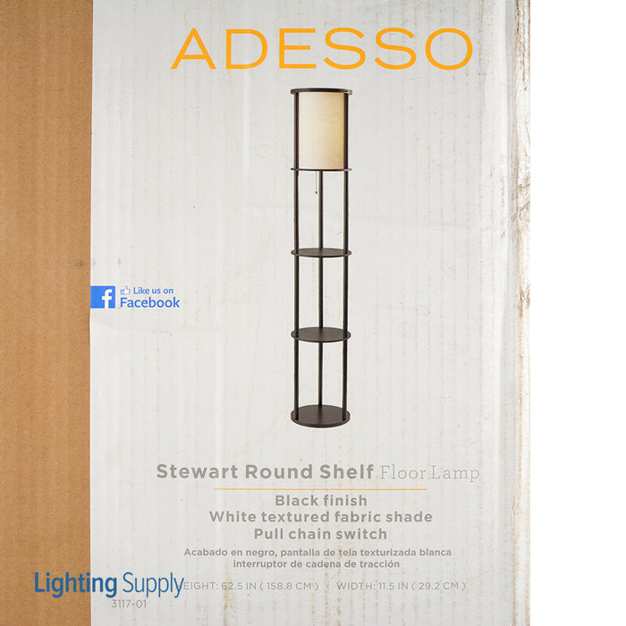 Adesso Black Painted MDF Shelves And Beech Wood Tubes Stewart Shelf Floor Lamp-White Textured Fabric Cylinder Shade-129.921 Inch Clear Cord-Pull Chain Switch (3117-01)