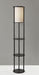 Adesso Black Painted MDF Shelves And Beech Wood Tubes Stewart Shelf Floor Lamp-White Textured Fabric Cylinder Shade-129.921 Inch Clear Cord-Pull Chain Switch (3117-01)