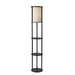 Adesso Black Painted MDF Shelves And Beech Wood Tubes Stewart Shelf Floor Lamp-White Textured Fabric Cylinder Shade-129.921 Inch Clear Cord-Pull Chain Switch (3117-01)