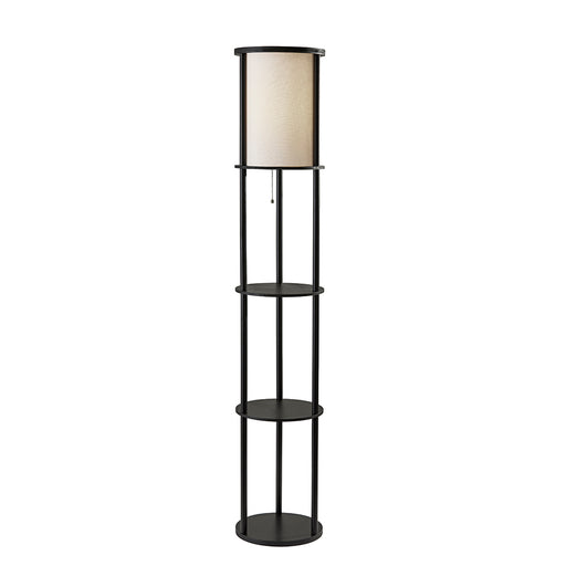 Adesso Black Painted MDF Shelves And Beech Wood Tubes Stewart Shelf Floor Lamp-White Textured Fabric Cylinder Shade-129.921 Inch Clear Cord-Pull Chain Switch (3117-01)