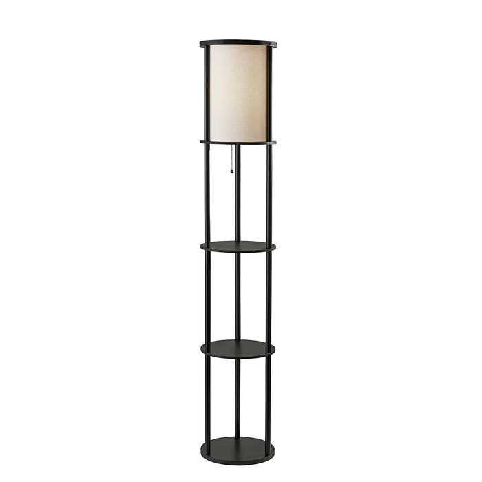 Adesso Black Painted MDF Shelves And Beech Wood Tubes Stewart Shelf Floor Lamp-White Textured Fabric Cylinder Shade-129.921 Inch Clear Cord-Pull Chain Switch (3117-01)