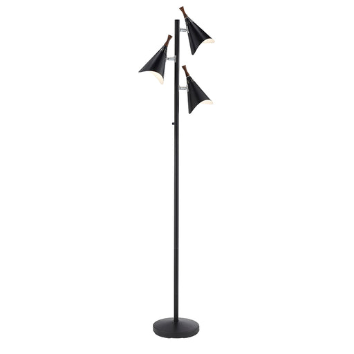 Adesso Black Painted Metal-Brushed Steel And Wood Accents Draper Tree Lamp-Black Painted Metal Cone Shade-60 Inch Clear Cord-On/Off Rotary Switch On Pole (3236-01)