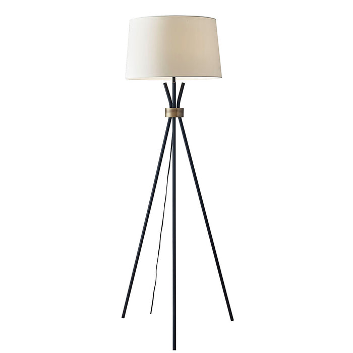 Adesso Black-Antique Brass Accent Benson Floor Lamp-Off-White Linen Drum Shade-105 Inch Hanging Black Fabric Covered Cord-3-Way Switch (3835-01)