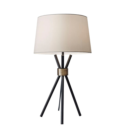 Adesso Black-Antique Brass Accent Benson Table Lamp-Off-White Linen Modified Drum Shade-80 Inch Hanging Black Fabric Covered Cord-On/Off Rotary Socket Switch (3834-01)