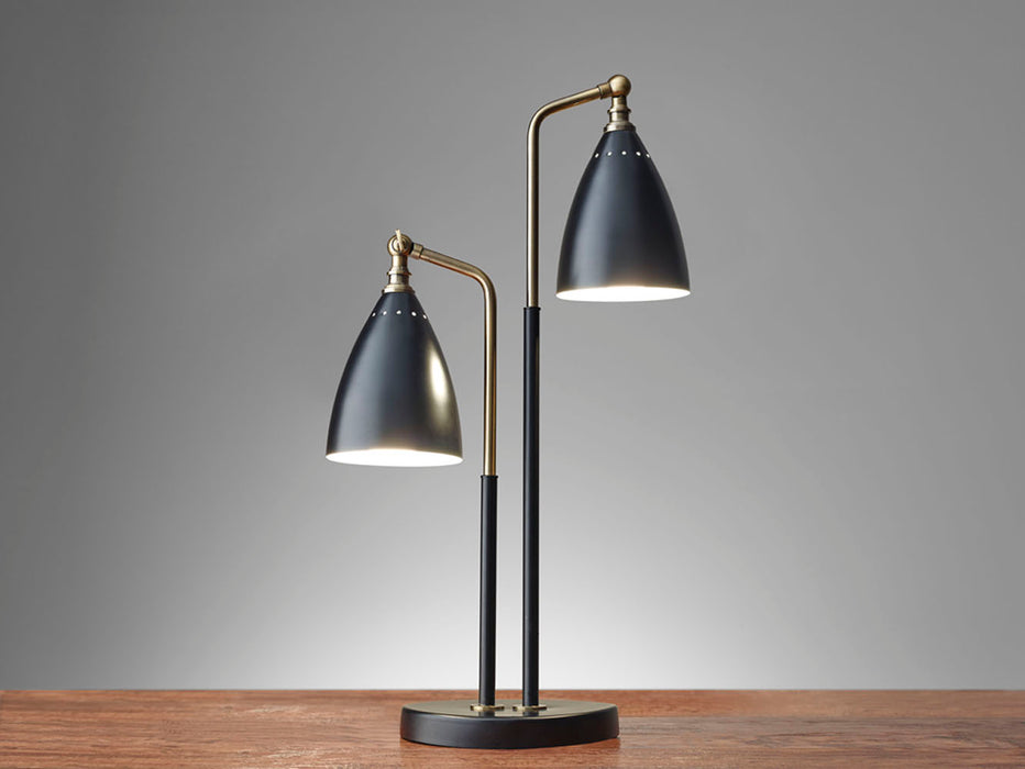 Adesso Black-Antique Brass Chelsea Table Lamp-Black Metal Cone Shade And 60 Inch Clear Cord And On/Off Rotary Switch On Each Shade (3464-01)