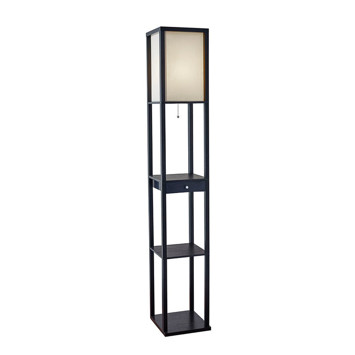 Adesso Black Wood Veneer On MDF Parker Shelf Floor Lamp-Drawer-Off-White Polyester/Cotton Square Shade-115 Inch Clear Cord-On/Off Pull Chain Switch (3133-01)