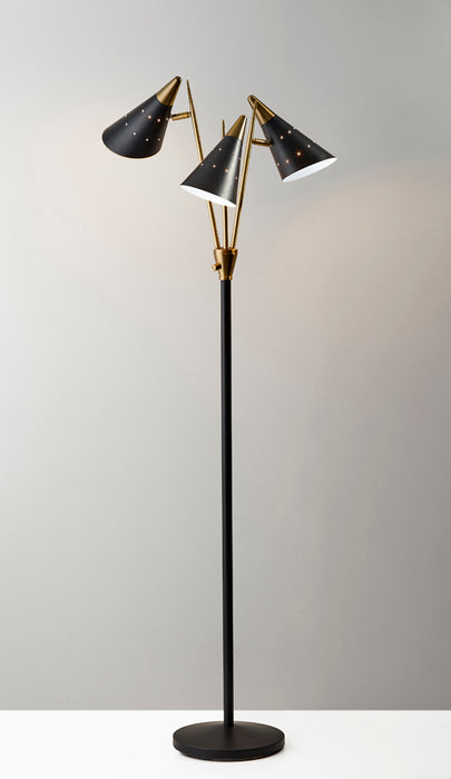 Adesso Black/Antique Brass Nadine 3-Arm Floor Lamp-Matte Black Cones Shade-60 Inch Clear Cord-3-Way Rotary Switch 1 Light On-2 Lights On-All On-Off (3249-01)