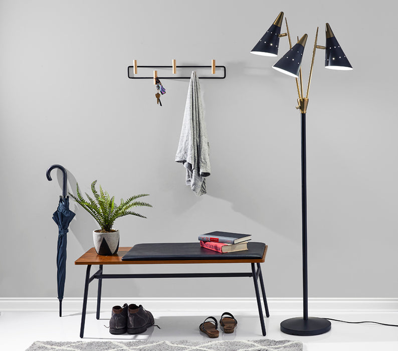 Adesso Black/Antique Brass Nadine 3-Arm Floor Lamp-Matte Black Cones Shade-60 Inch Clear Cord-3-Way Rotary Switch 1 Light On-2 Lights On-All On-Off (3249-01)