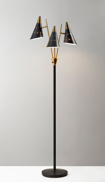 Adesso Black/Antique Brass Nadine 3-Arm Floor Lamp-Matte Black Cones Shade-60 Inch Clear Cord-3-Way Rotary Switch 1 Light On-2 Lights On-All On-Off (3249-01)