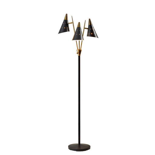 Adesso Black/Antique Brass Nadine 3-Arm Floor Lamp-Matte Black Cones Shade-60 Inch Clear Cord-3-Way Rotary Switch 1 Light On-2 Lights On-All On-Off (3249-01)