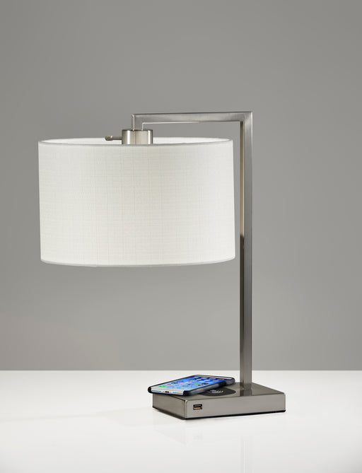 Adesso Brushed Steel Austin Adesso Charge Table Lamp-White Textured Fabric Drum Shade-60 Inch Clear Cord-On/Off Rotary Socket Switch (4123-22)