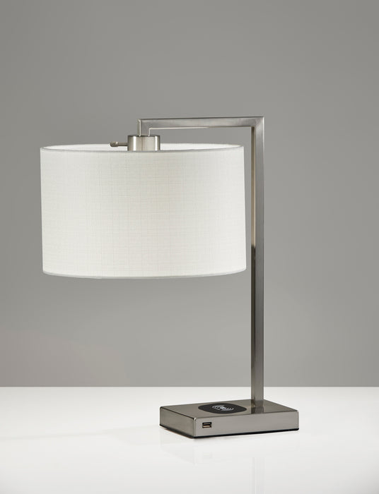 Adesso Brushed Steel Austin Adesso Charge Table Lamp-White Textured Fabric Drum Shade-60 Inch Clear Cord-On/Off Rotary Socket Switch (4123-22)