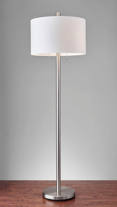 Adesso Brushed Steel Boulevard Floor Lamp-White Silk-Like Fabric Drum Shade And 60 Inch Black Cord And 2 Pull Chain Switch (4067-22)