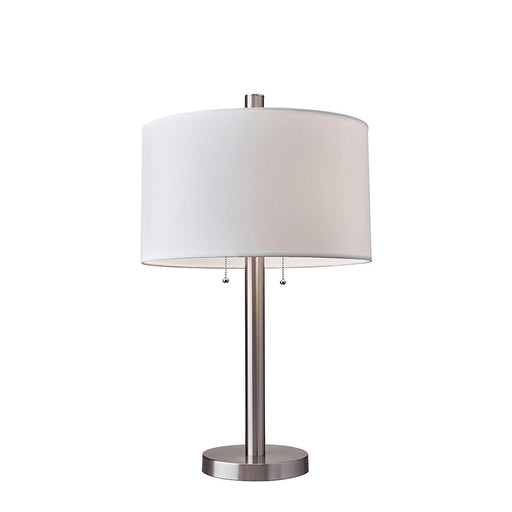 Adesso Brushed Steel Boulevard Table Lamp-White Silk-Like Fabric Drum Shade And 60 Inch Black Cord And 2 Pull Chain Switch (4066-22)