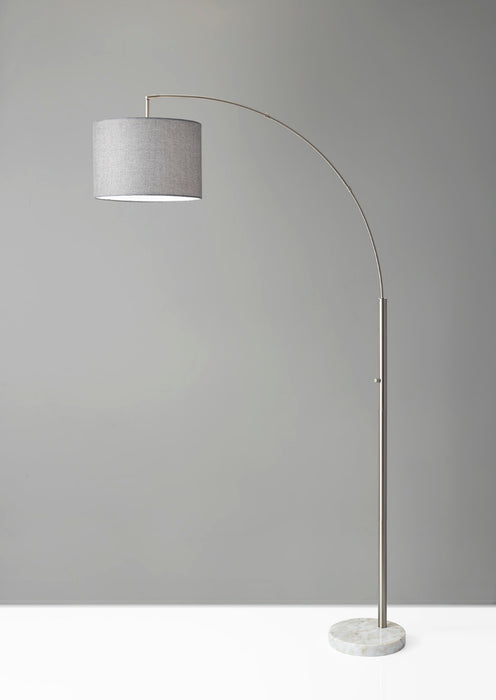 Adesso Brushed Steel Bowery Arc Lamp-Gray Tweed-Like Linen Drum Shade And 60 Inch Clear Cord And On/Off Rotary Switch (4249-22)