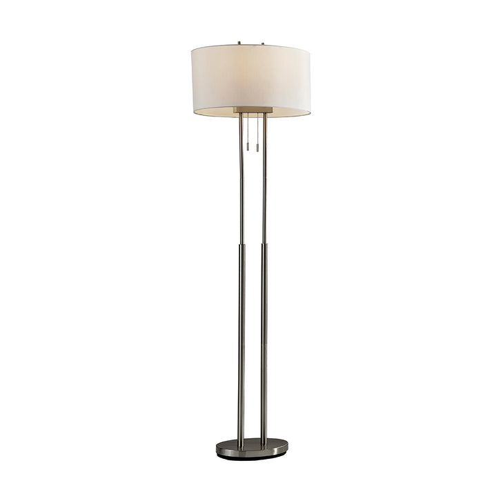 Adesso Brushed Steel Duet Floor Lamp-Ivory Silk-Like Fabric Oval Drum Shade And 60 Inch Black Cord And 2 Pull Chain Switch (4016-22)
