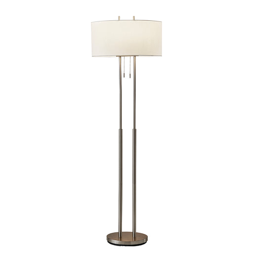 Adesso Brushed Steel Duet Floor Lamp-Ivory Silk-Like Fabric Oval Drum Shade And 60 Inch Black Cord And 2 Pull Chain Switch (4016-22)