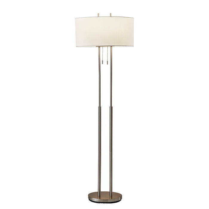 Adesso Brushed Steel Duet Floor Lamp-Ivory Silk-Like Fabric Oval Drum Shade And 60 Inch Black Cord And 2 Pull Chain Switch (4016-22)