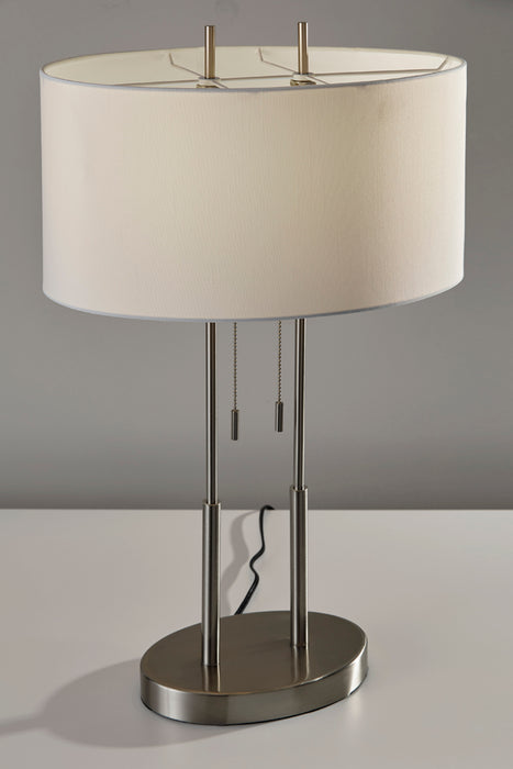 Adesso Brushed Steel Duet Table Lamp-Ivory Silk-Like Fabric Oval Drum Shade And 60 Inch Black Cord And 2 Pull Chain Switch (4015-22)