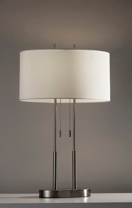 Adesso Brushed Steel Duet Table Lamp-Ivory Silk-Like Fabric Oval Drum Shade And 60 Inch Black Cord And 2 Pull Chain Switch (4015-22)