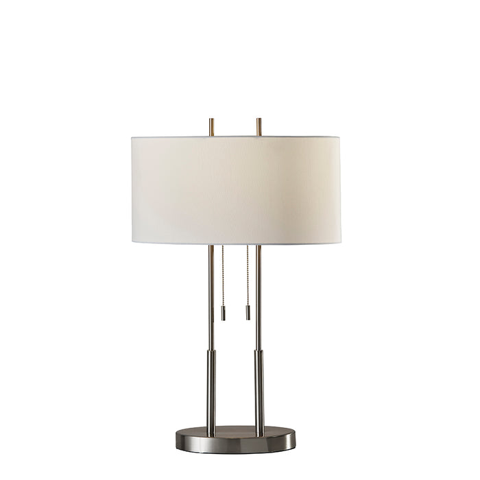 Adesso Brushed Steel Duet Table Lamp-Ivory Silk-Like Fabric Oval Drum Shade And 60 Inch Black Cord And 2 Pull Chain Switch (4015-22)