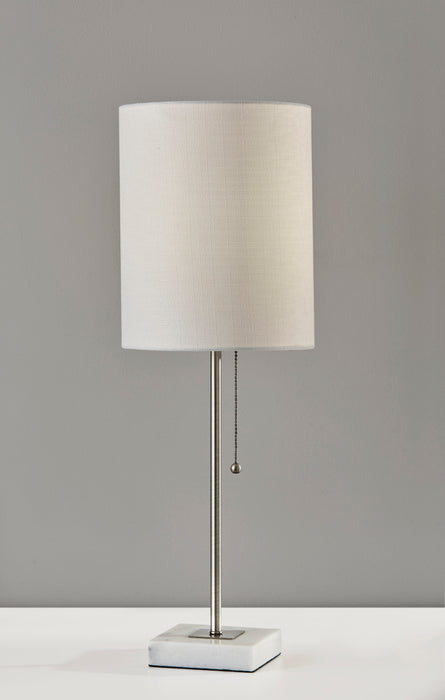 Adesso Brushed Steel Fiona Table Lamp-White Textured Fabric Cylinder Shade And 60 Inch Clear Cord And Pull Chain (5177-22)